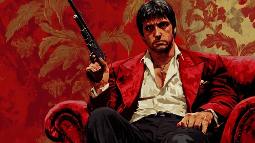 Vectorized gangster portrait with high-contrast red palette.