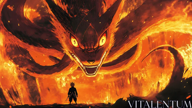 Silhouetted figure facing multi-tailed fiery fox entity.