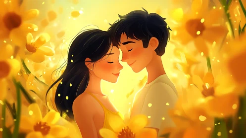Sunlit Moments: Two Hearts Glow Among Golden Blooms.
