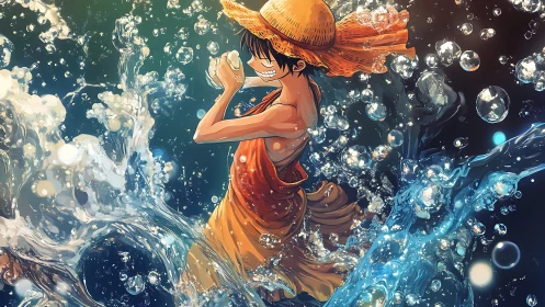 Joyful straw-hatted adventurer splashing through bright waves.