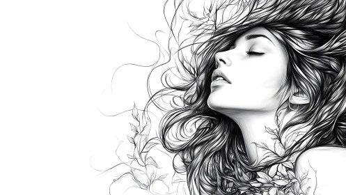 Monochrome line-art portrait with flowing botanical hair integration