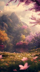 Petal storms drift softly across a hidden spring valley