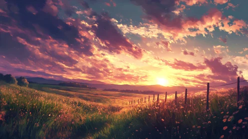 Sunlit wildflower field under blazing sunset sky.