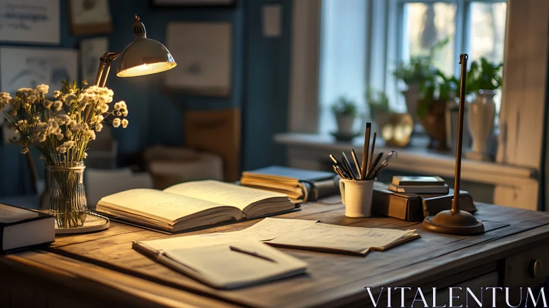 Cozy wooden writing desk under warm evening lamplight.