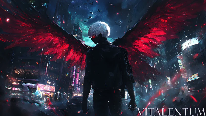 Winged antihero dominates neon-soaked night cityscape.