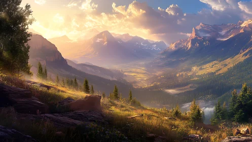 Golden mountain valley glows softly in peaceful evening light