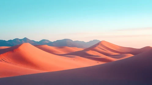 Sunlit desert dunes with distant violet mountains at dawn.