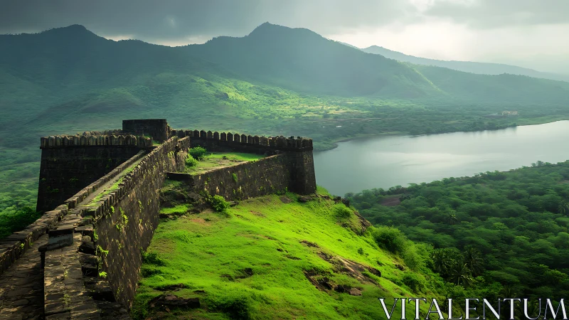 Old hilltop fortress leans into emerald valleys and quiet lake
