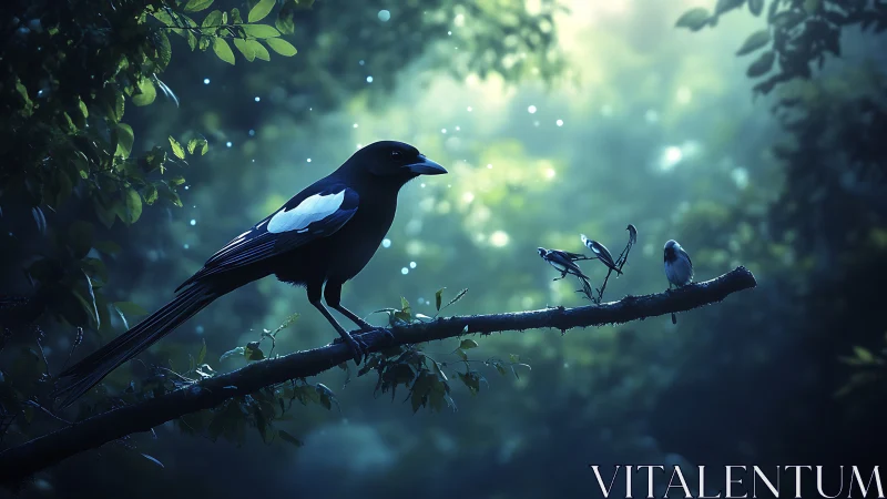 Gentle forest light frames a quiet gathering of songbirds