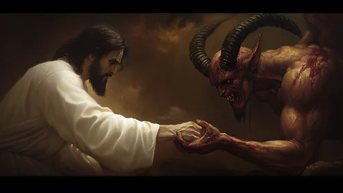 Dramatic chiaroscuro duel frames robed figure versus horned demon