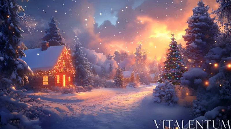 Snow-covered cabin glows against a luminous winter sunset sky