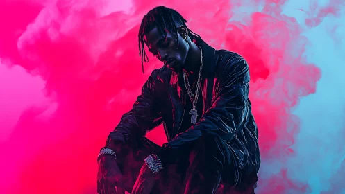 Moody portrait of man in smoke with neon pink and blue.