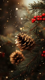 Macro analysis of illuminated pine cones on conifer branch.