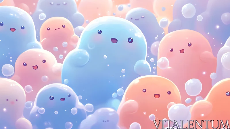 Smiling pastel jelly creatures float in a dreamy bubble world