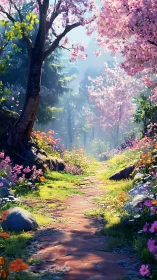 Blossom-lit forest path winding through a dreamlike spring grove.