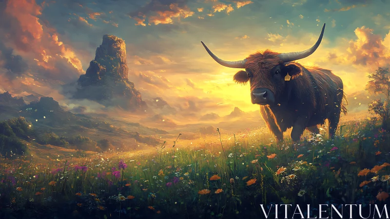Longhorn cow stands in luminous wildflower meadow at sunset