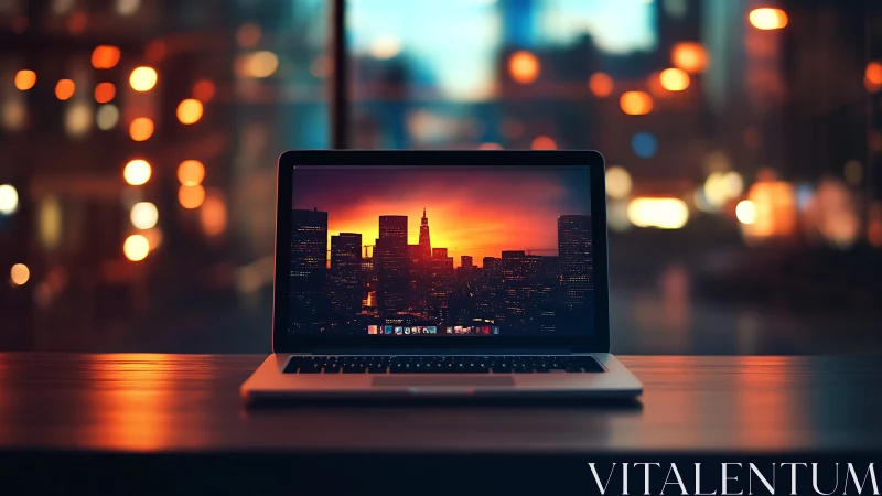 Laptop framing vivid city sunset on blurred office desk.