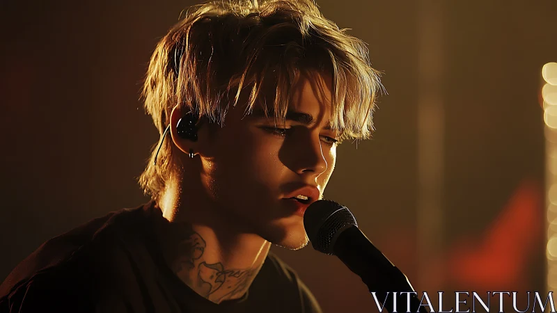 Male singer performing into mic under warm stage lights.