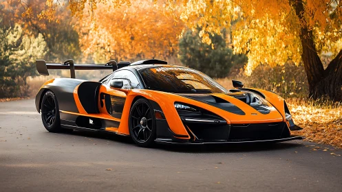 Track-focused orange-black hypercar under warm autumn canopy light