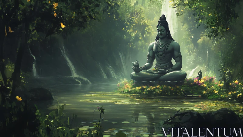 Shiva statue sits in lotus pose on floral island in forest