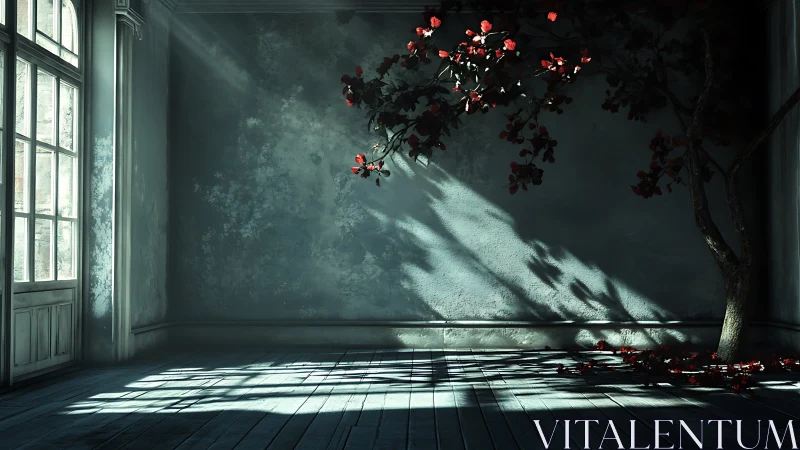 Sunlit empty room with shadowed tree and red leaves.