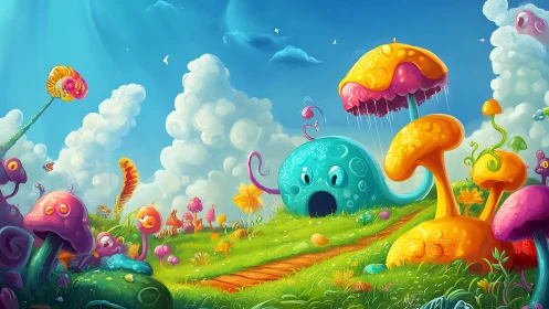 Colorful whimsical landscape with mushrooms and creature.