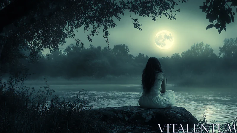 Woman in white dress sits by moonlit forest lake at night