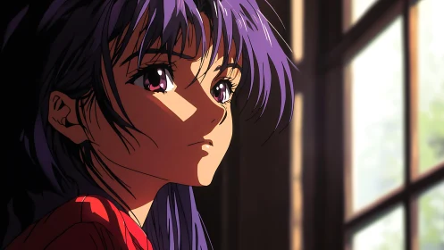 Purple haired anime girl in side profile near window indoors.