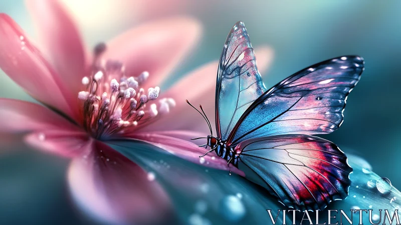 Glistening butterfly rests gently beside a dreamy pink bloom