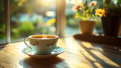 Sunlit porcelain teacup basking in a golden morning hush.