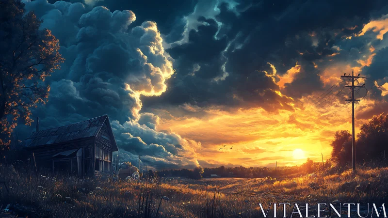 Stormlit country sunset ignites dramatic rural horizon.