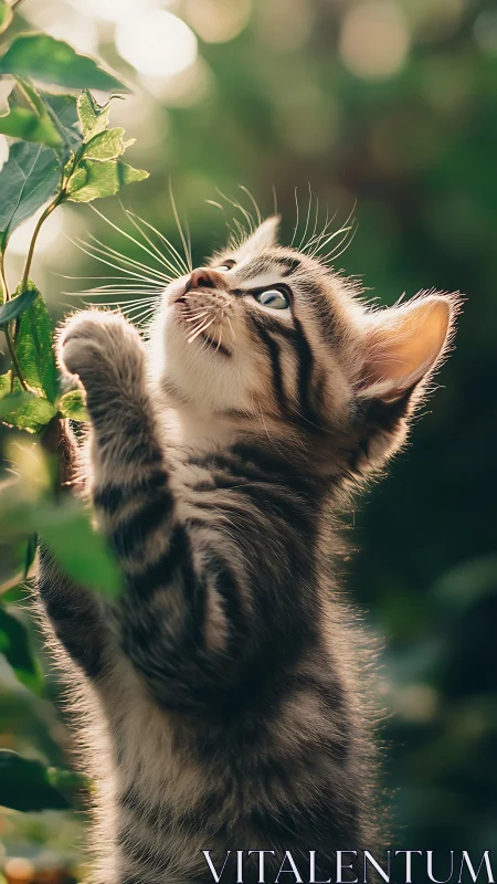 Tabby Cat Reaching Toward Climbing Plant in Sunlit Garden.