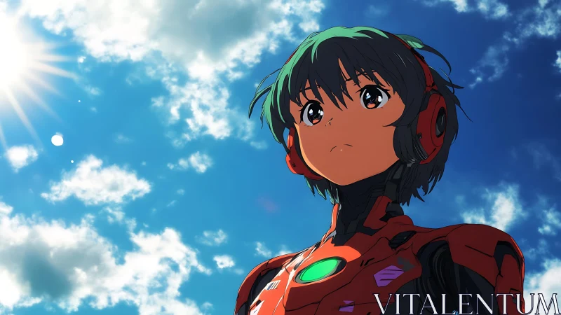 Anime pilot in red exosuit under radiant blue sky.