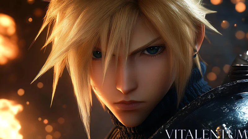Blond anime warrior glares forward amid defocused sparks