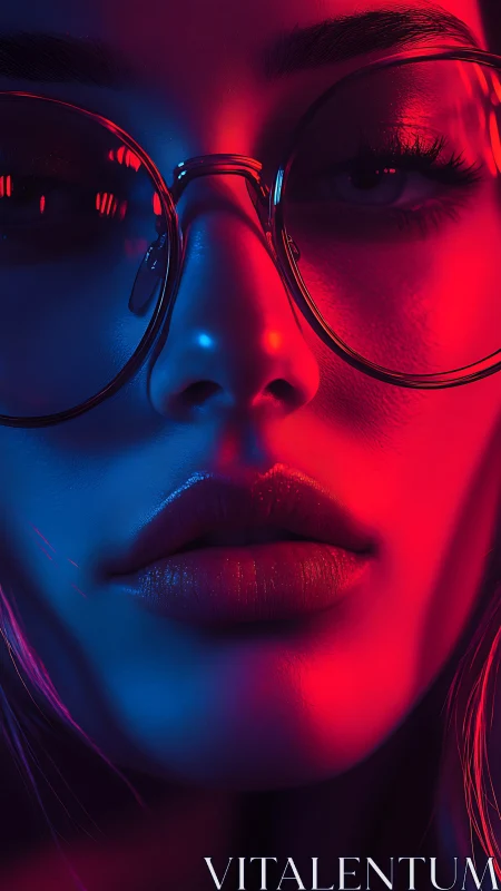 Close portrait in red and blue neon reflective glasses.
