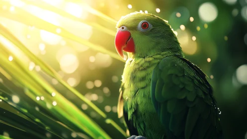 Vibrant green parrot in sunlit jungle, close-up nature photo.