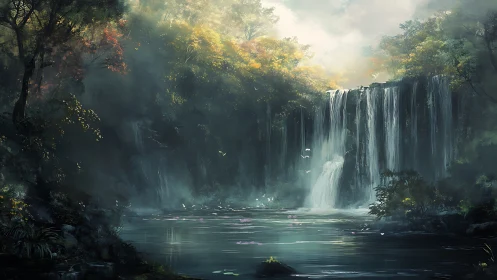 Misty Waterfall in Primordial Forest with Golden Canopy Light.