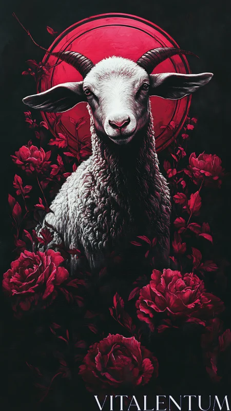 Gentle horned lamb crowned by glowing crimson moon and roses.