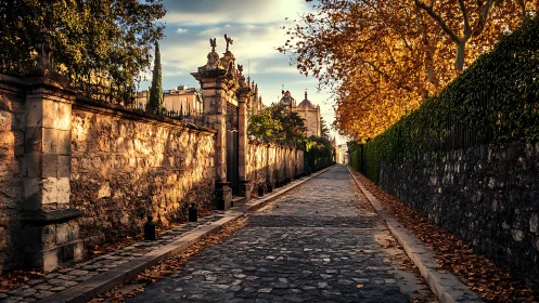 Cobblestone corridor in warm raking light toward historic gate.