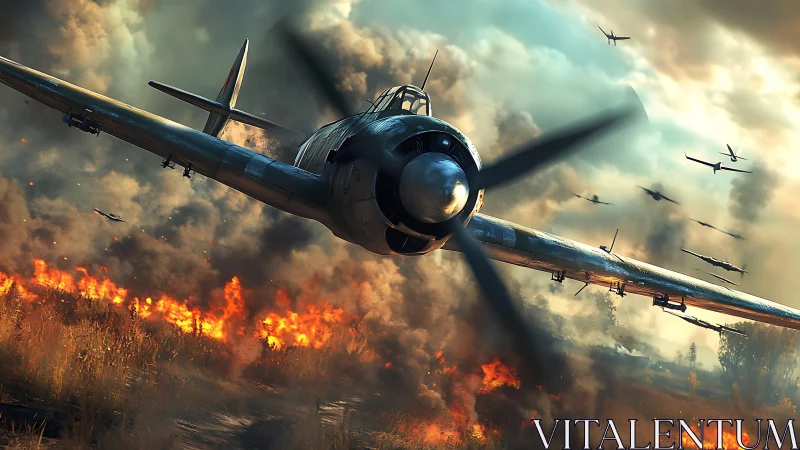 Wartime fighter plane dives over burning battlefield skies.