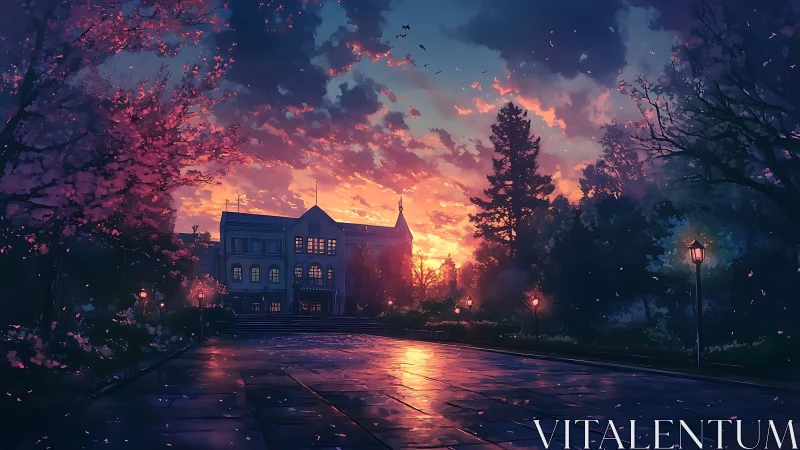 Sunset-lit campus avenue with lampposts and central building.