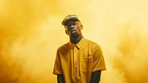 Golden mist portrait with relaxed streetwear confidence.