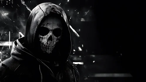 Hooded skull figure emerging from the shadows in monochrome.