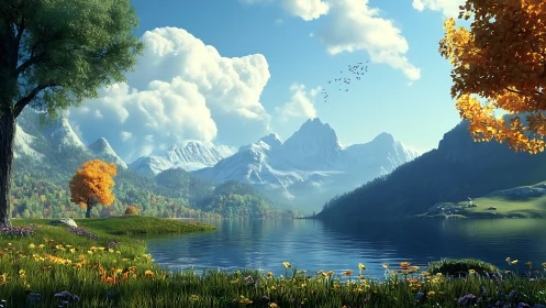 Serene alpine lake with autumn foliage and snow peaks.