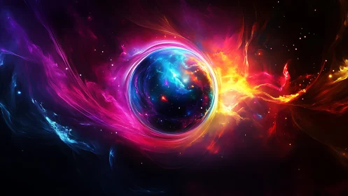 Cosmic prism vortex cradling a newborn star of swirling light.