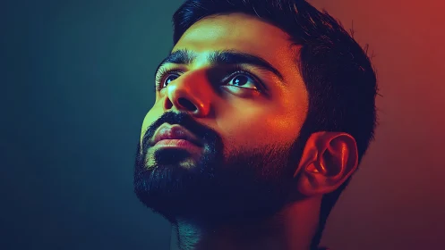 Luminous male portrait under vivid dual color lighting.