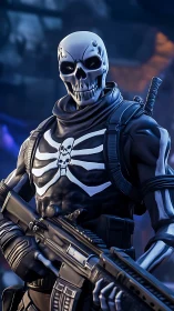 Bone-clad commando smiles through the crossfire of neon ruins