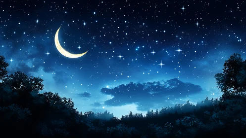 Crescent moon hangs above dense forest under starry night sky