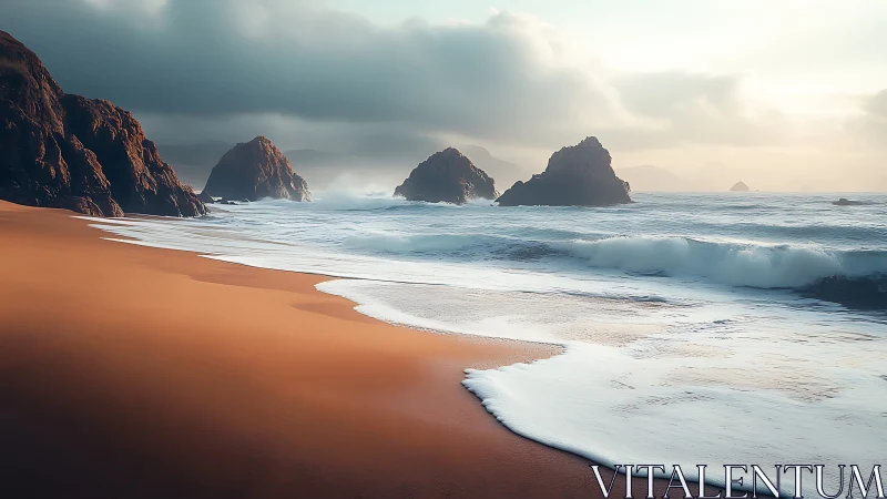 Rocky shoreline with waves under soft cloudy light.