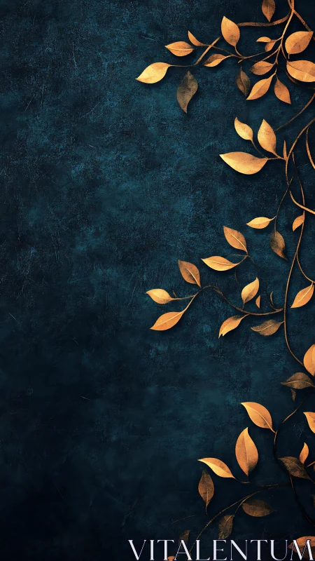 Gold botanical branches on dark blue textured background.